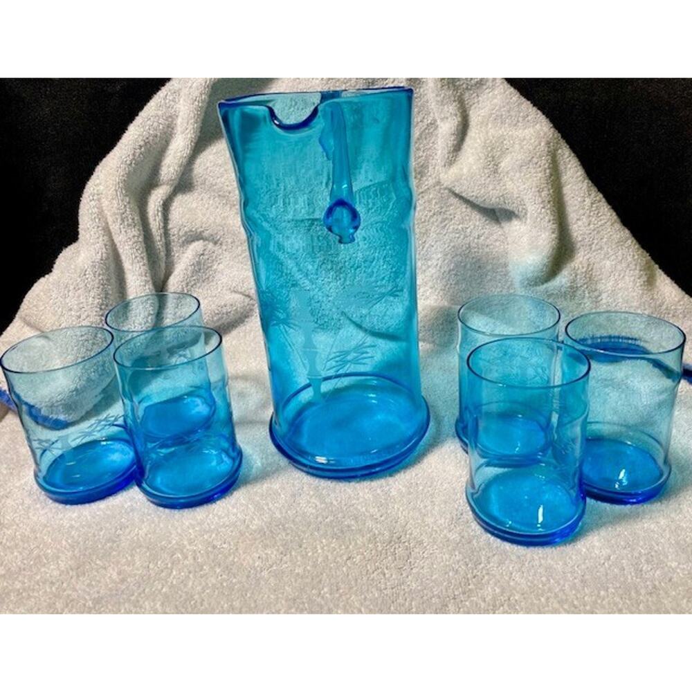 West Virginia Glass Pitcher With 6 Glasses 7 Piece Set - Bamboo Pattern Etched